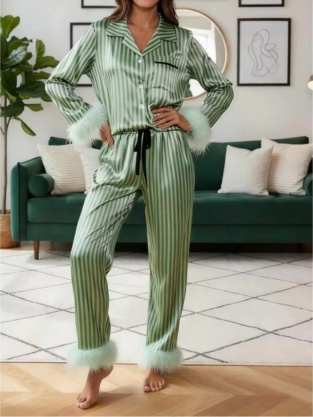 Polyester Green Striped Feather-Trim PJ Pajama Set Size M Halloween Costume